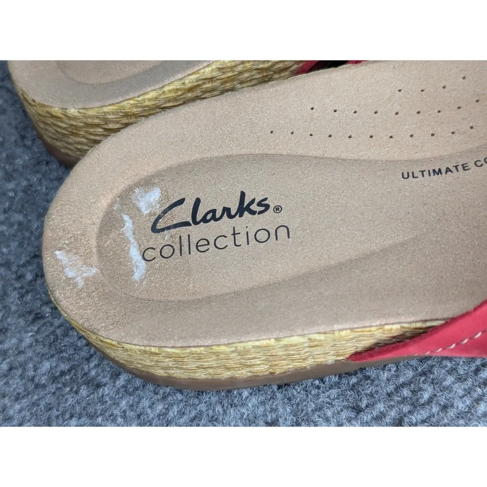 Clarks Collection Leather Slide Sandals Reileigh May Red Women's 9 W Wide